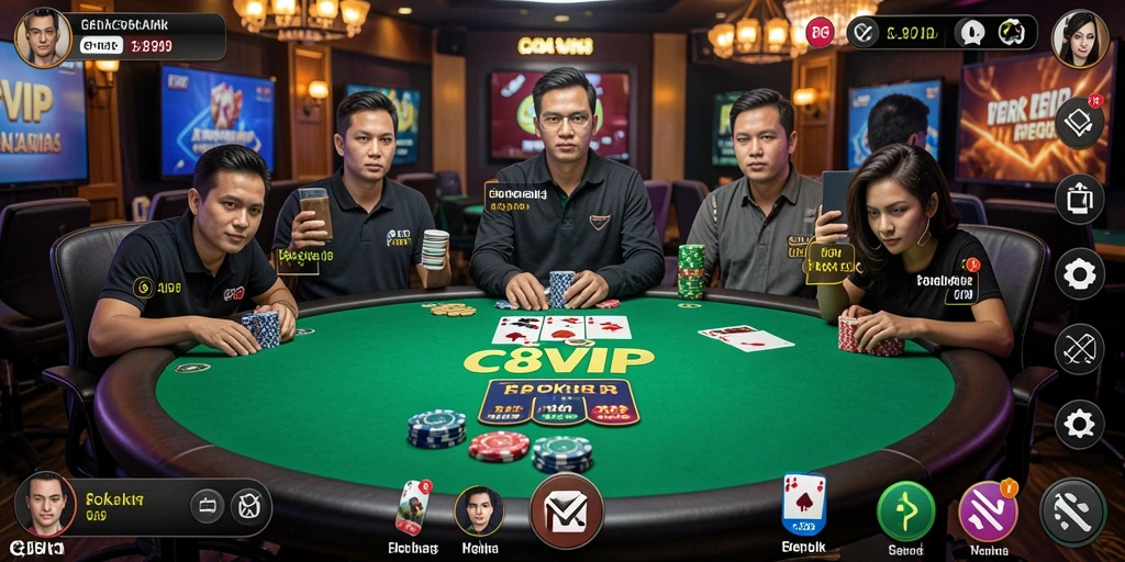 Screenshot utama C8VIP menampilkan suasana permainan Poker yang mendebarkan.