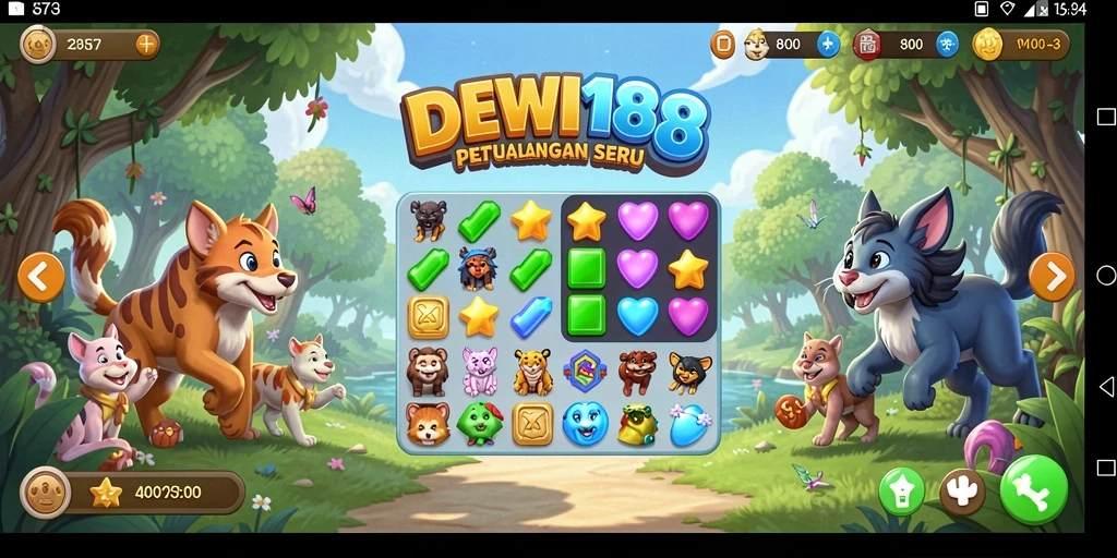 Tampilan gameplay DEWI188 yang menampilkan kecocokan warna-warni.