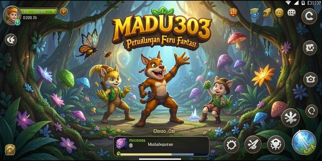Screenshot permainan MADU303 menampilkan karakter menjelajahi dunia yang menakjubkan.