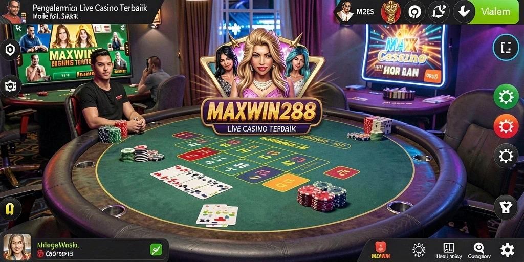 Screenshot gameplay MAXWIN288 dengan dealer langsung di Live Casino.
