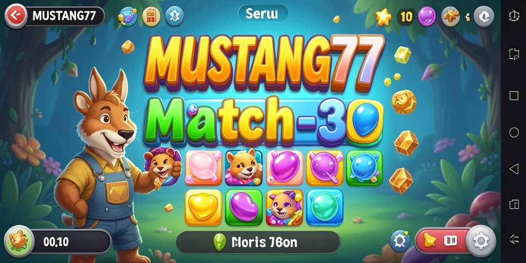 Screenshot gameplay MUSTANG77 menunjukkan keseruan mencocokkan elemen Match-3.