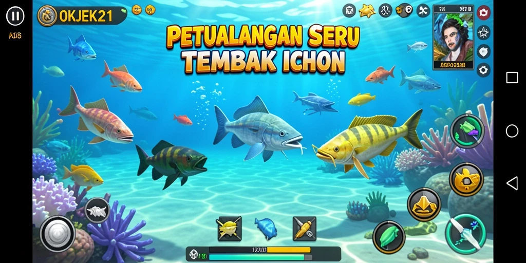 Gameplay seru OKJEK21 dengan berbagai ikan yang menarik.