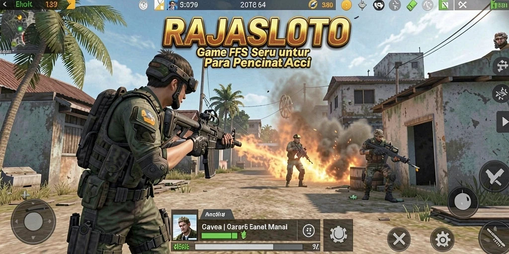 Tangkapan layar RAJASLOTO menampilkan aksi tembak-menembak intens dalam gameplay FPS.